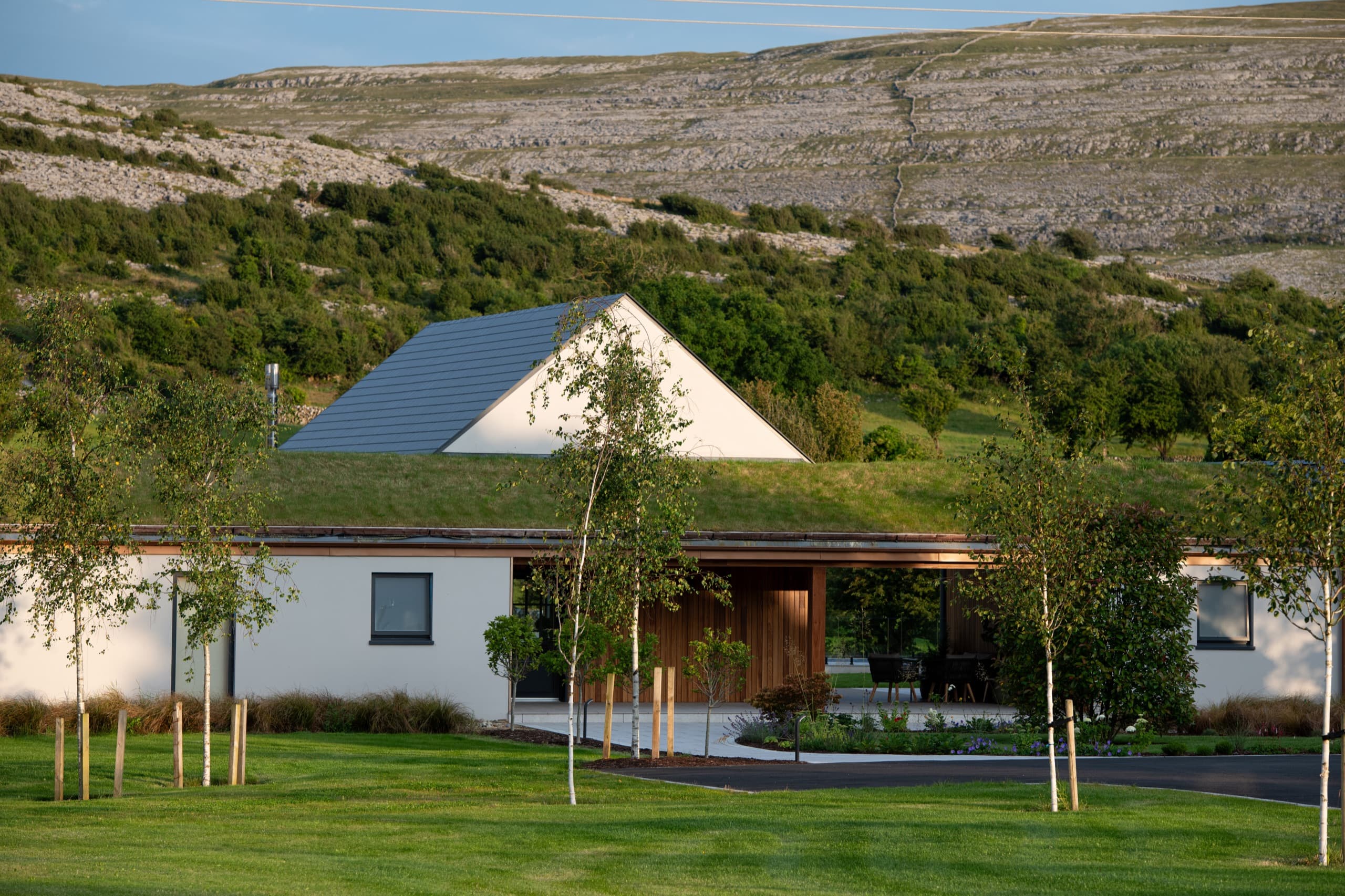 The Chocolate Lodge, a white house with a living grass roof, beneath the limestone hills of the Burren at golden hour